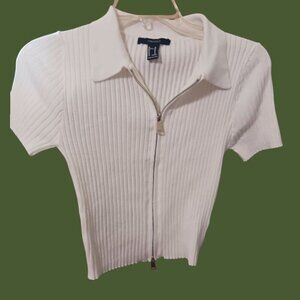 Forever 21 Ribbed Zip-Up Collared Short-Sleeve Top White Medium